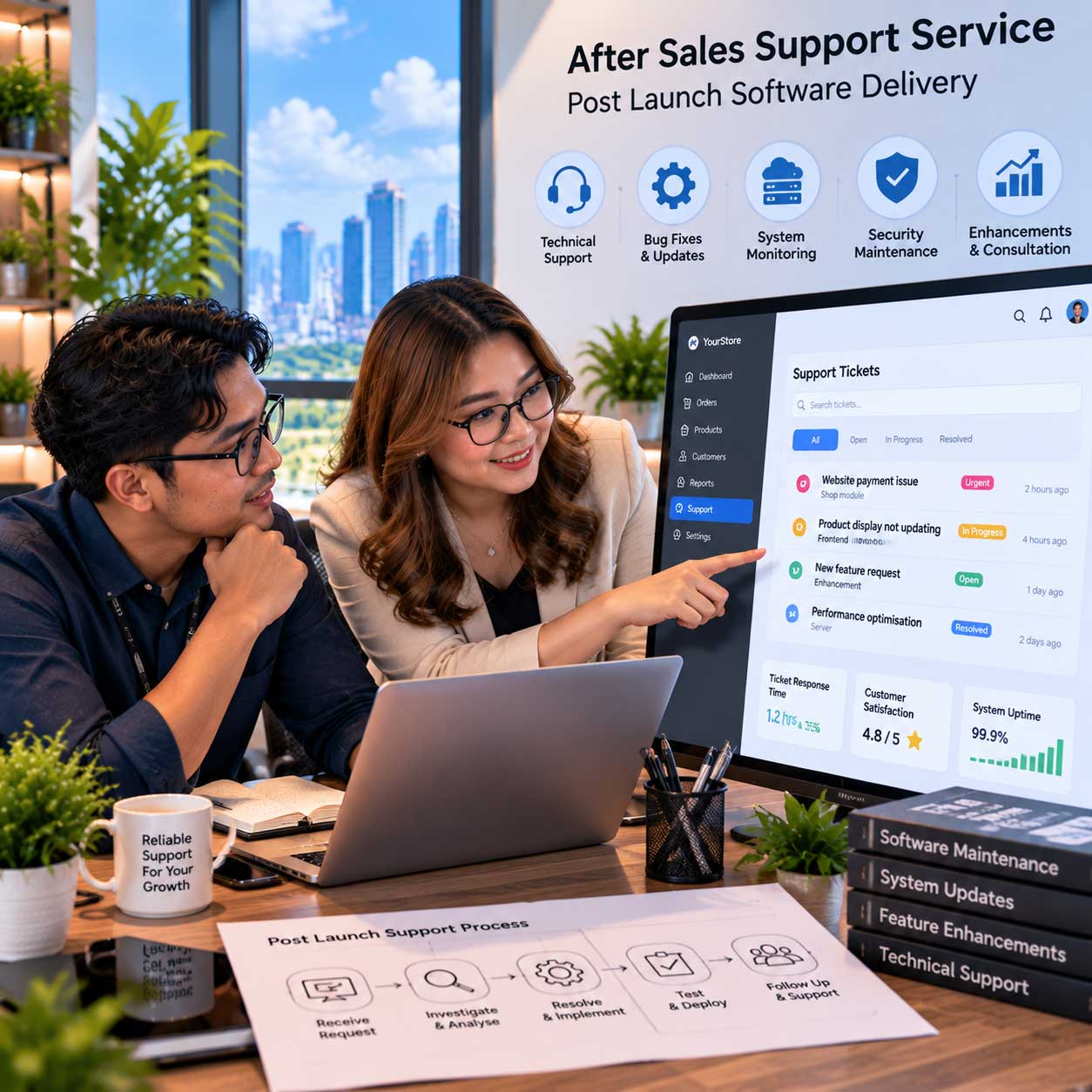 Team collaborating around a website support dashboard